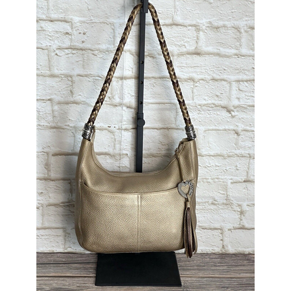 Brighton "Barbados" Gold Pebbled Leather Hobo Shoulder Bag with Braided Strap. - Picture 4 of 16
